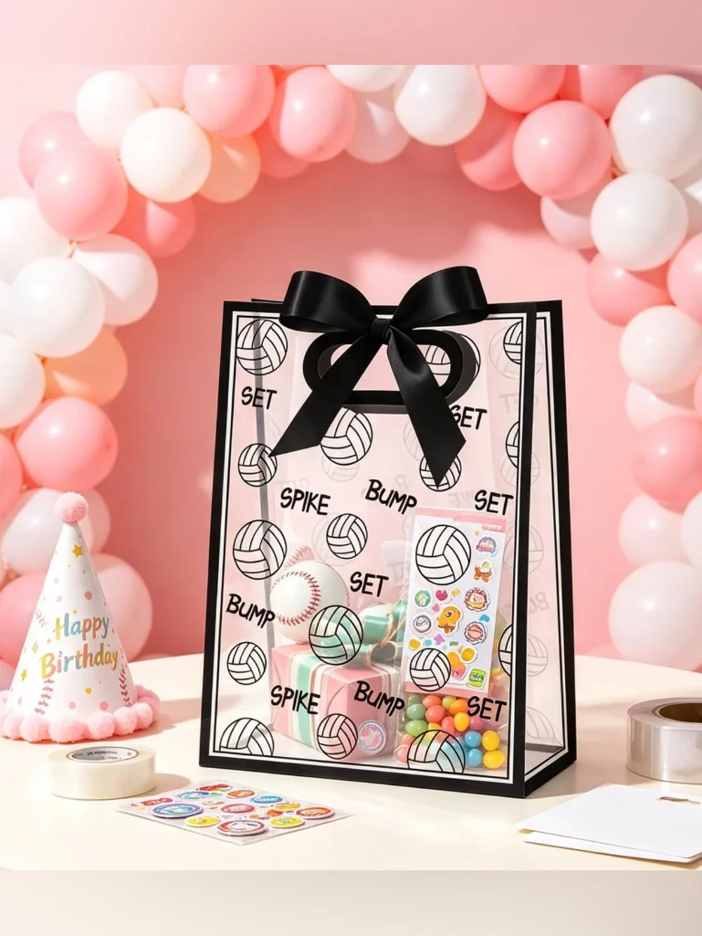 Volleyball Clear Goodie Bags with Black Ribbons